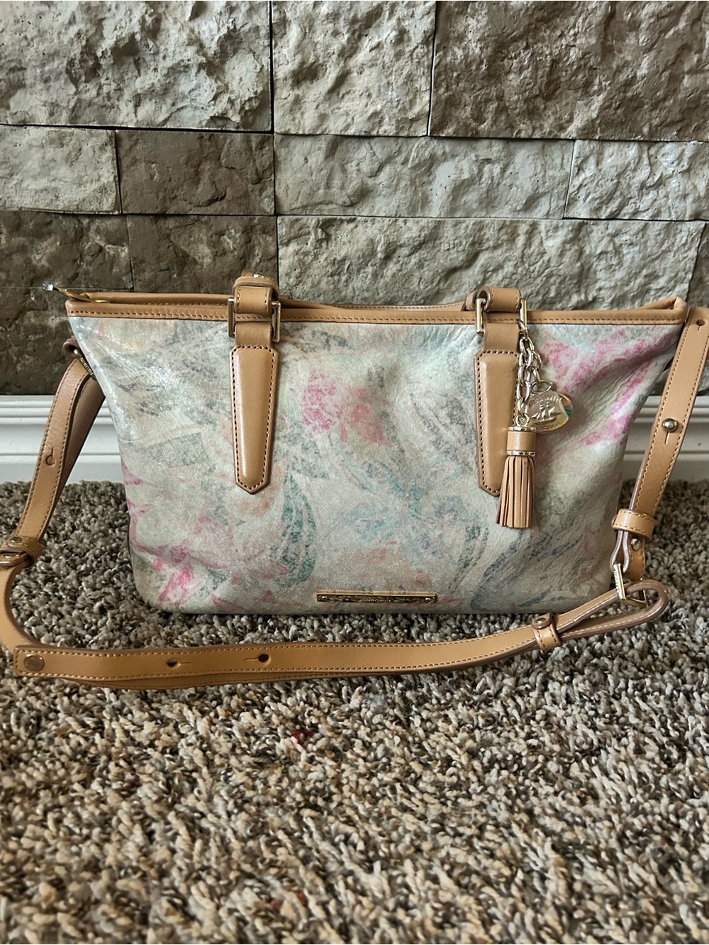 Brahmin Floral Print Crème Talitha Mini Asher Tote Bag with Tan Leather Trim - Picture 2 of 8